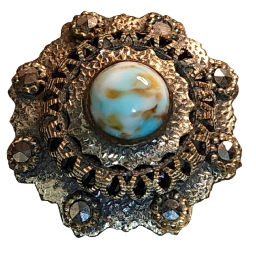 Rare 1930s Art Deco Dress Clip – Marbled Glass Cabochon & Marcasite – Filigree - Picture 6 of 6